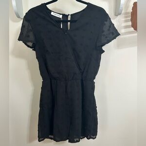 Women's Black Mini Shorts Romper with Textured Dot Fabric